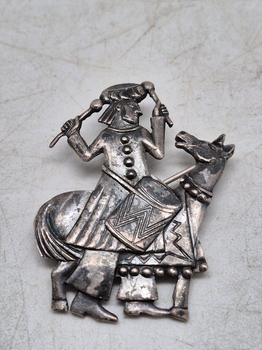 Stara Srebrna Polska Broszka Lajkonik Rytosztuka Cepelia Prl