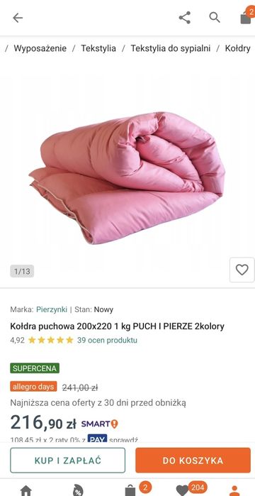 Kołdra 220x200 z piór i puchu