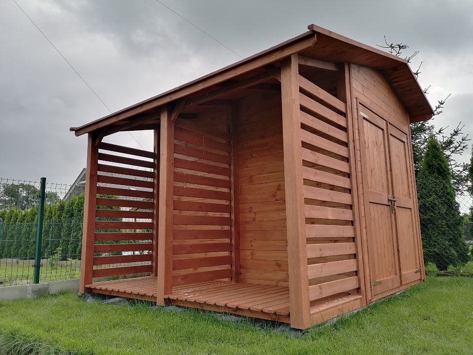 Domek narzędziowy 2 x 3m, podwójne drzwi + drewutnia 1,1 x 3m