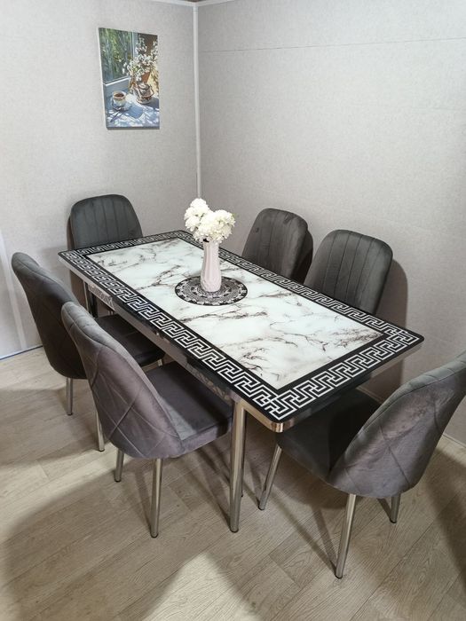 Стол обеденный кухонный раскладной со стульями. Стекло