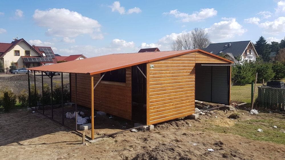 Garaż blaszany drewnopodobny 5x6 + 2m wiaty Złoty Dąb