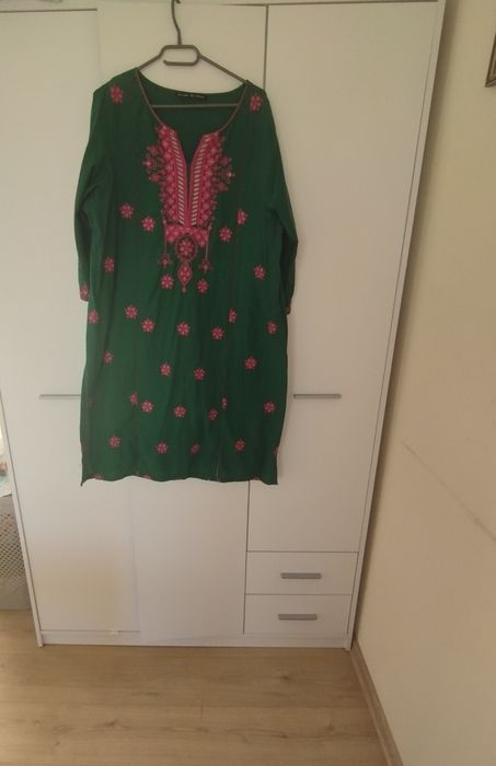 Tunika zielona indyjska kameez haft kwiaty Bollywood orient hippie