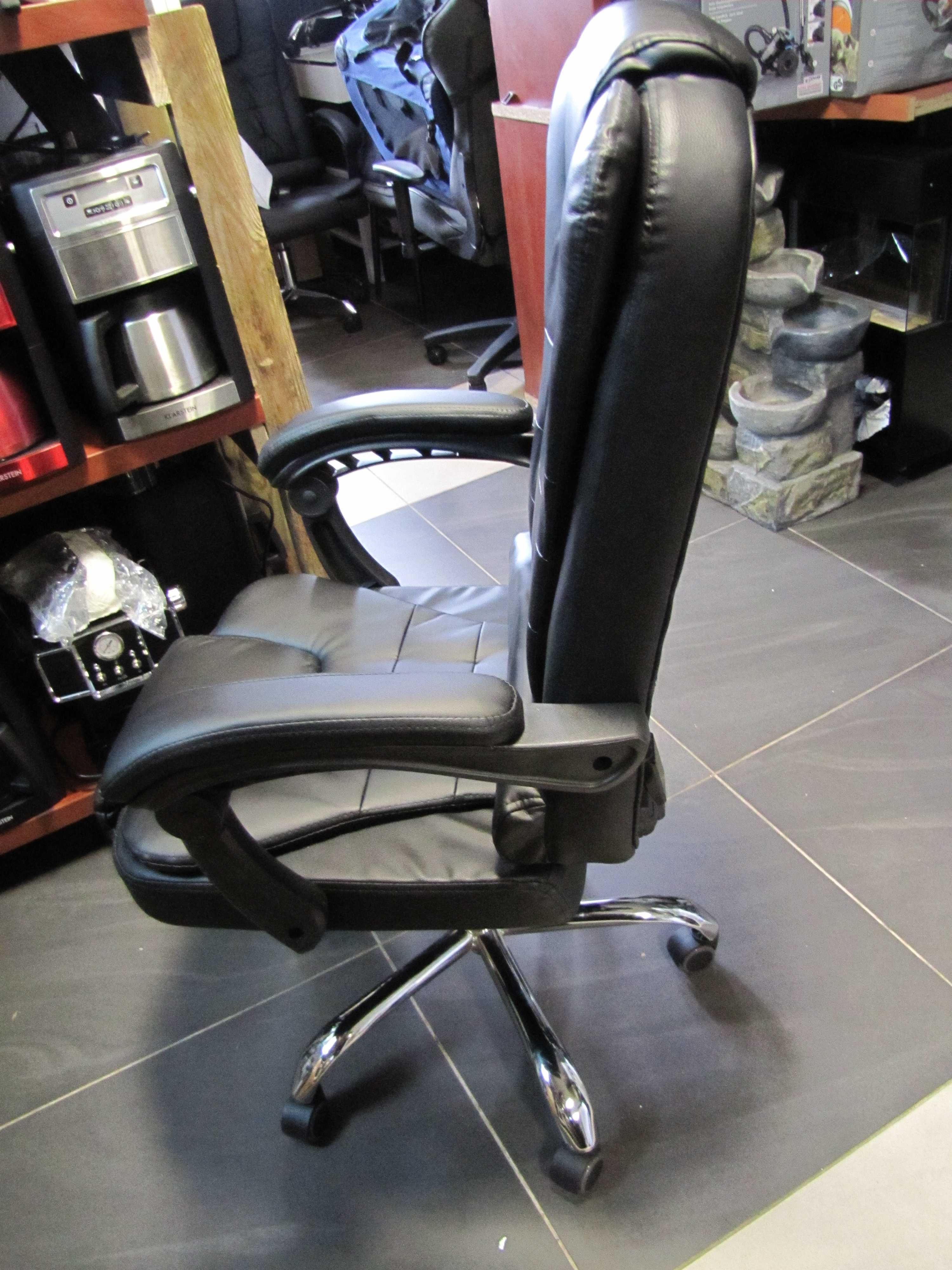 Fotel Obrotowy Biurowy Krzesło do Biurka Czarny z Podnóżkiem skórzany