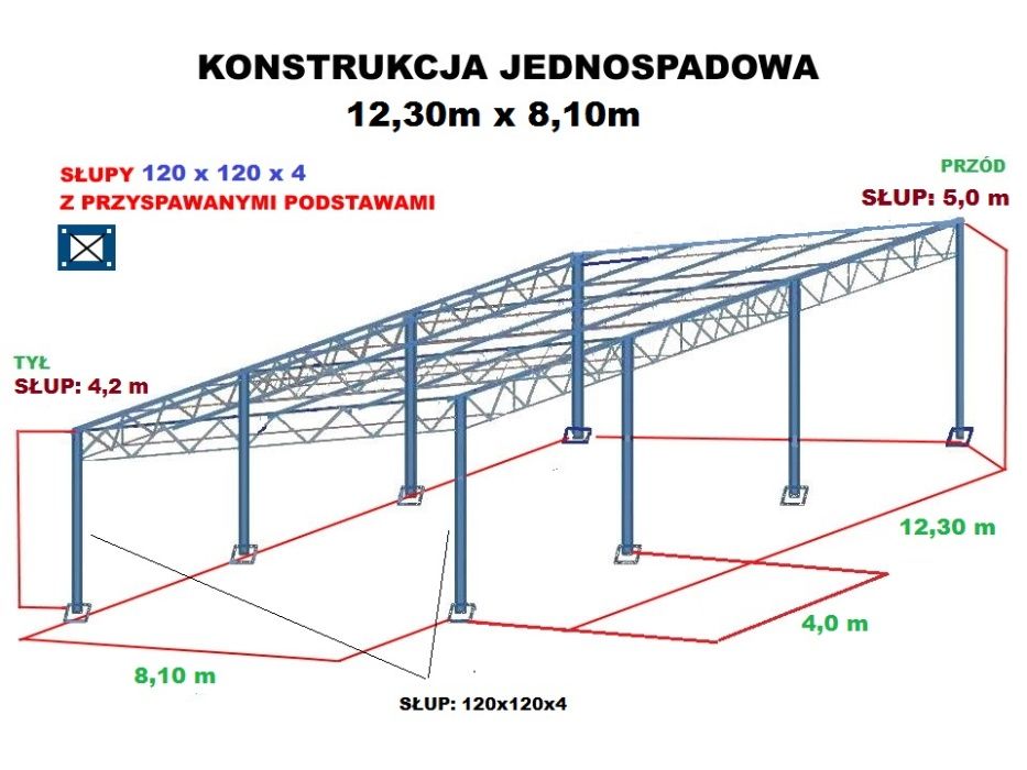 Wiata rolna 8m x 12,3m garaż Konstrukcja skręcana Hala Magazyn Blacha