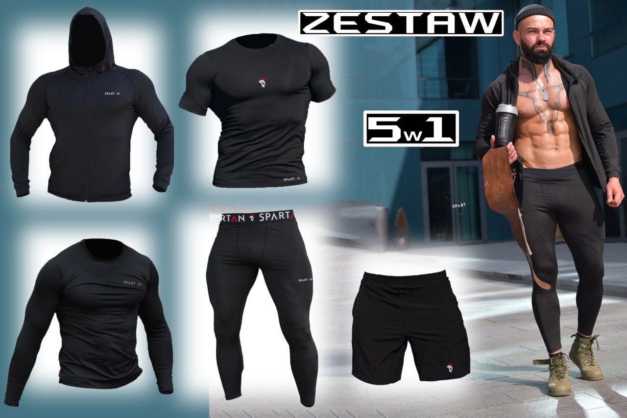 Komplet 5w1 Sportowej Odzieży Termoaktywnej Spartan Black XXL