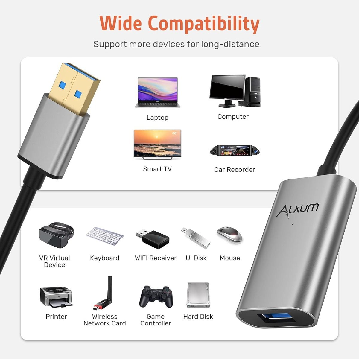 Alxum Aktywny Przedłużacz Usb 3.0, Męsko-Żeński 10M Z Zasilaczem 5V2A