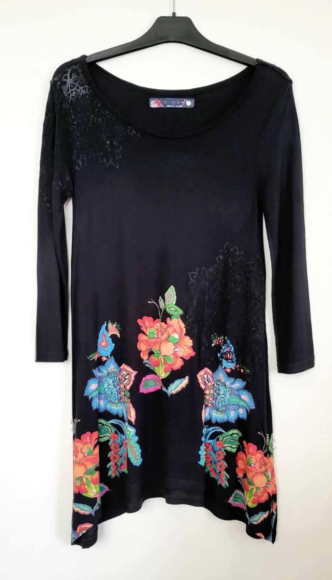 DESIGUAL piękna czarna bluzka tunika w kolorowe kwiaty rozmiar 36