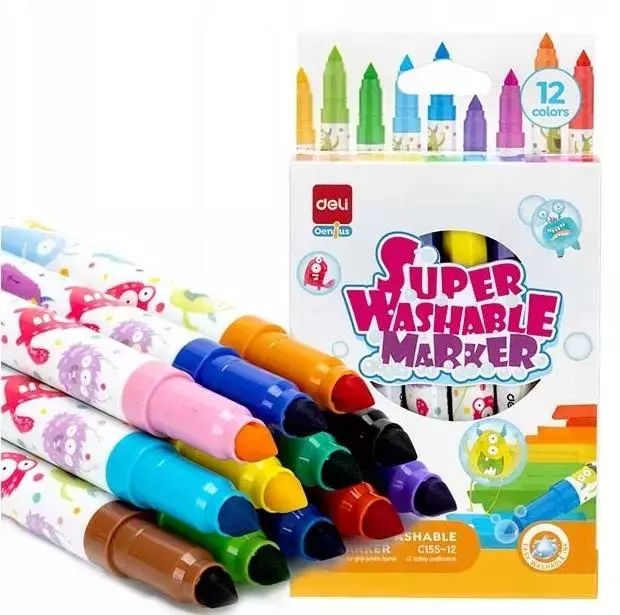 Flamastry zmywalne z fibrową końcowką12 kol DELI. DELI