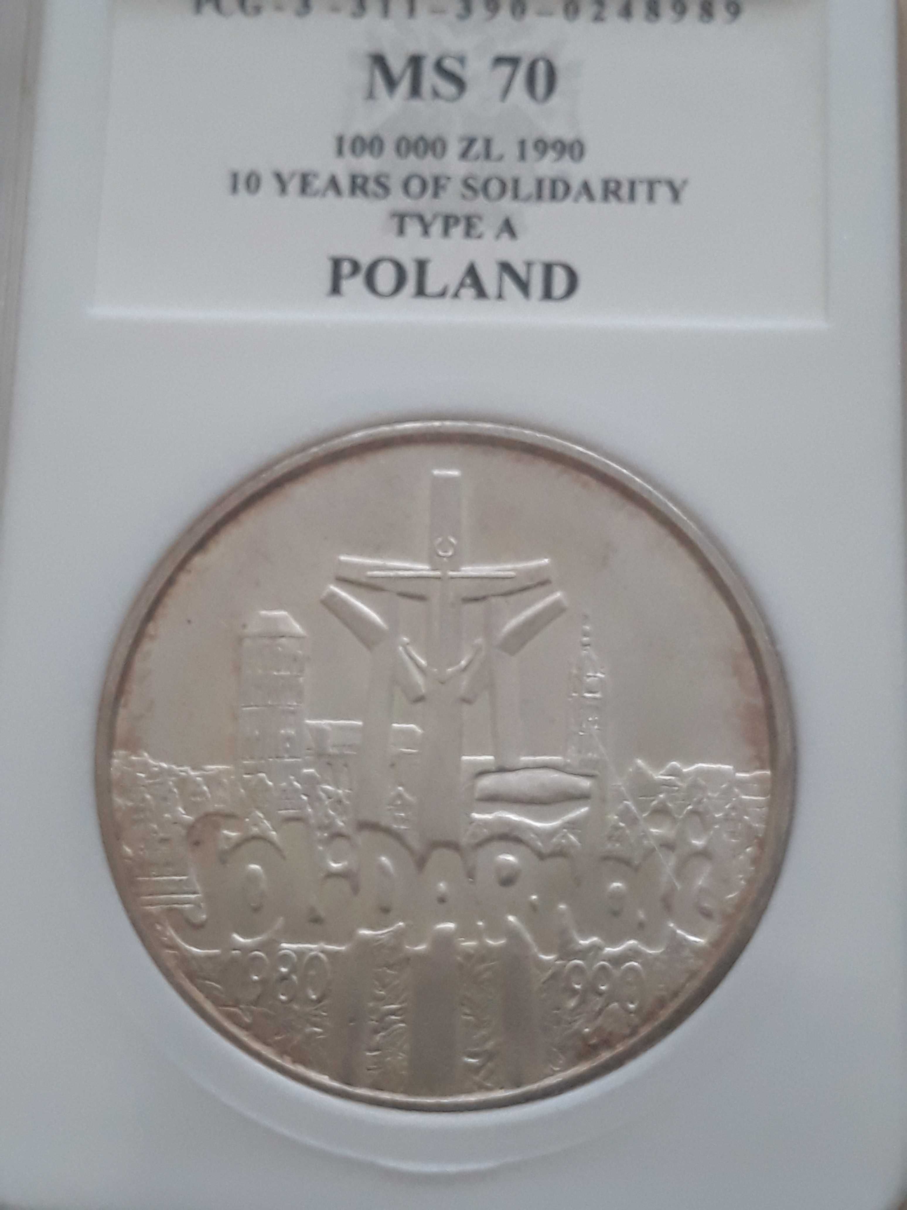 100 000 zł Solidarność 1990 r. nr 1 - Typ A-mennicza - MS 70