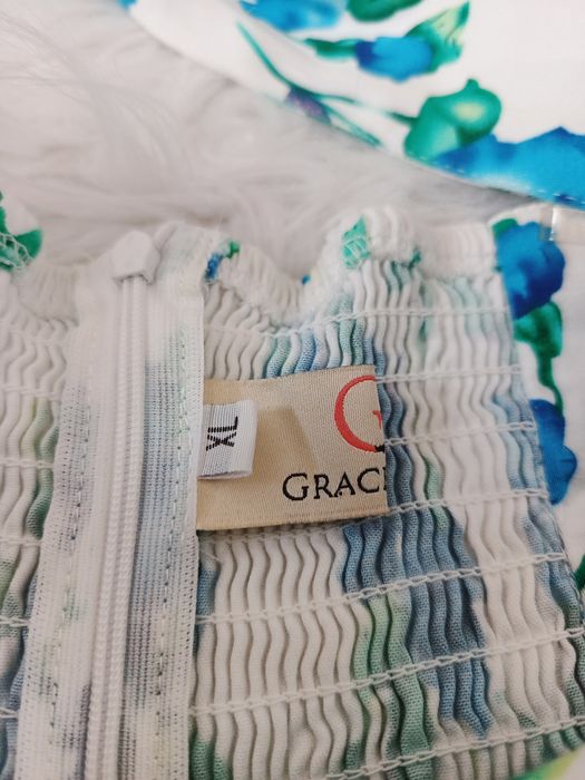 Sukienka, Grace Karin, XL/44, biała, niebieska, wiązana na szyi