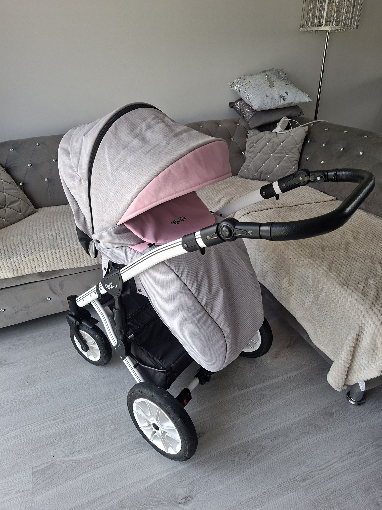 Wózek 3w1 4w1 Milu KIDS Starlet siwy siwo różowy  dla dziewki wysyłka