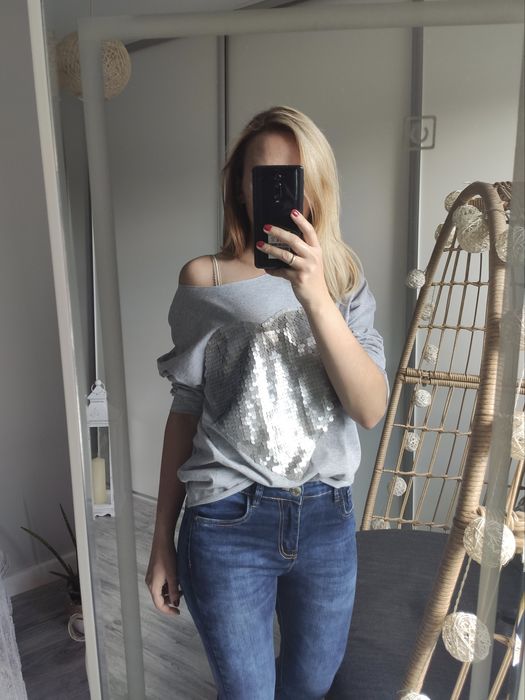 Bluzka nietoperz szara srebrna oversize cekiny serce na jedno ramię