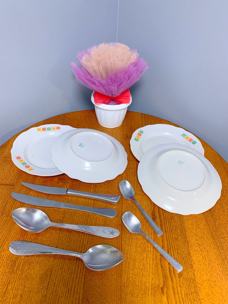 Набор посуды для дома: тарелки, чайные и столовые ложки, ножи