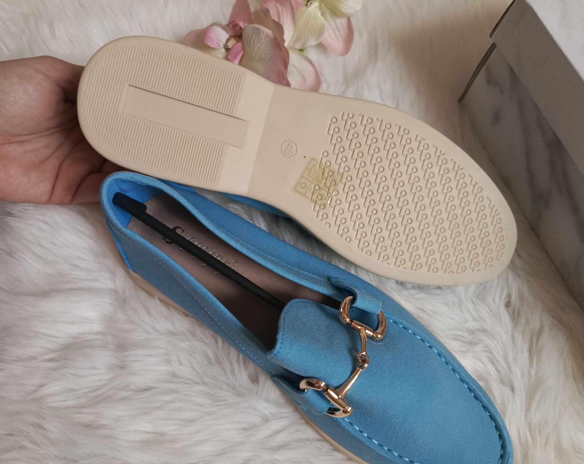 Mokasyny damskie buty niebieskie turkusowe przejściowe płaski obcas 40
