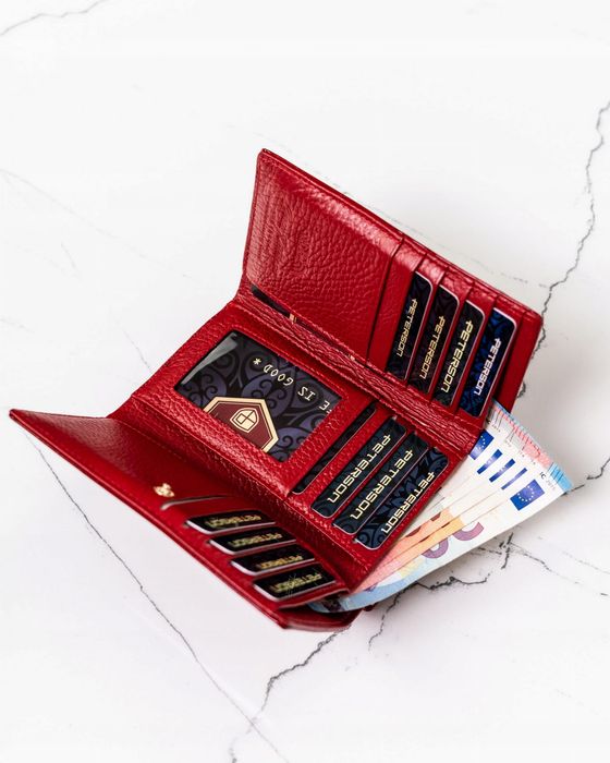 PETERSON portfel damski skórzany lakierowany z biglem P189 czerwony