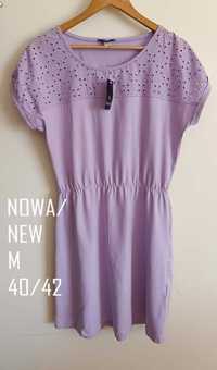 Nowa sukienka M 40/42 pastel fiolet bawełna ażur haft