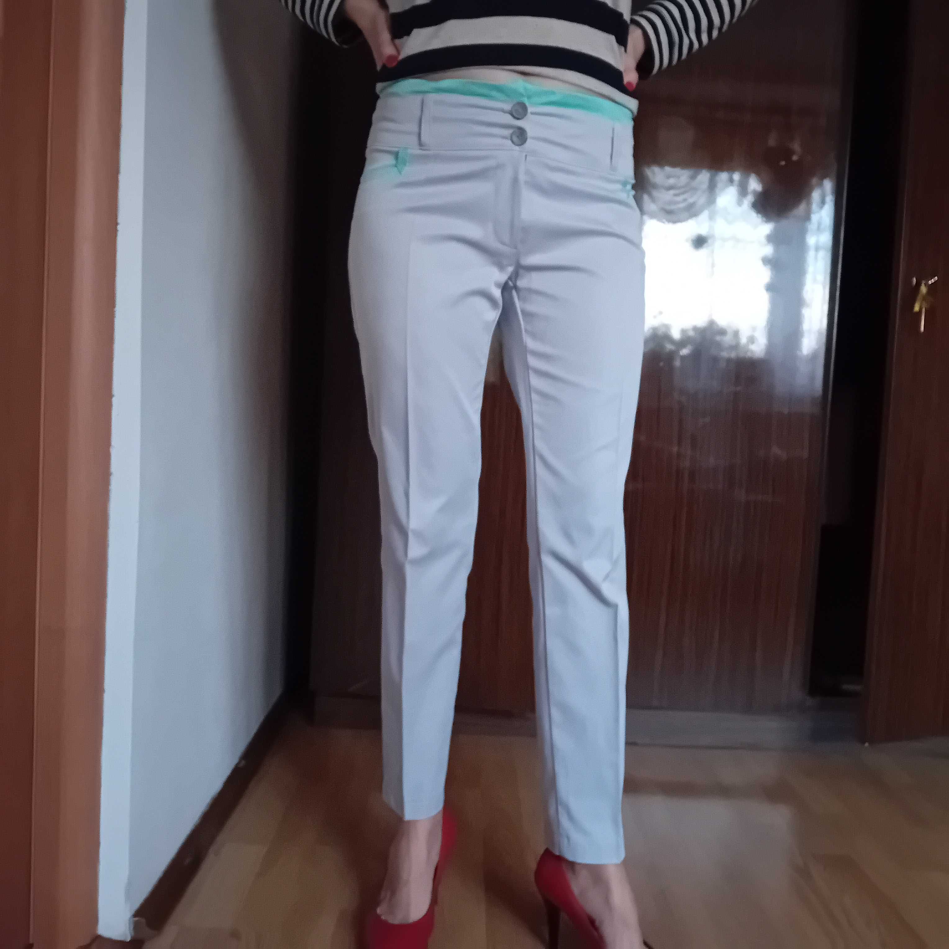 spodnie eleganckie z kantem 38 szare srebrne nogawki proste cygaretki