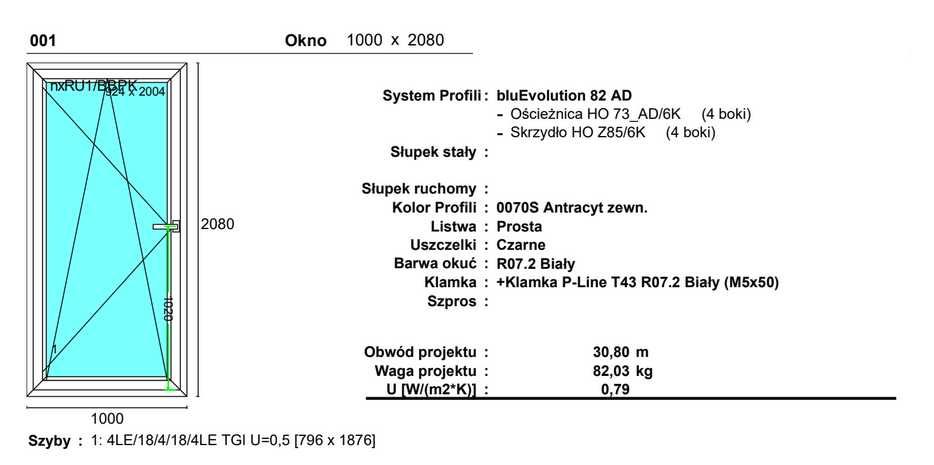 Okno trzyszybowe R/U 1000x2080 pasywne