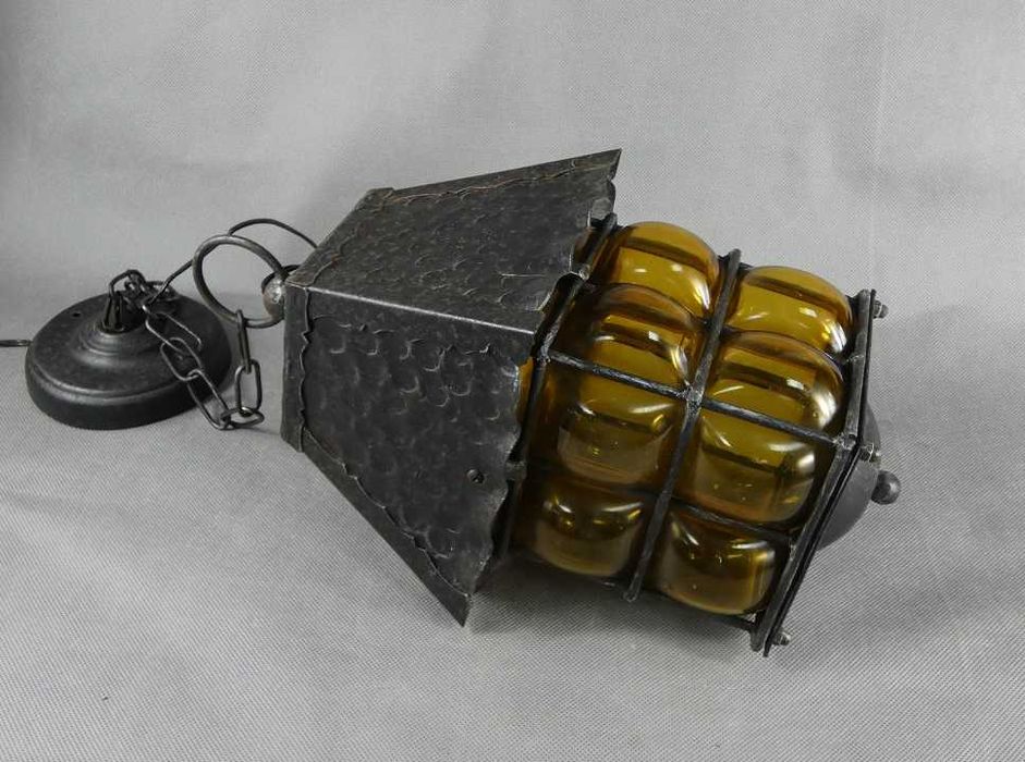 Duża MIODOWA Lampa wisząca metal szkło - MURANO żyrandol LATARNIA