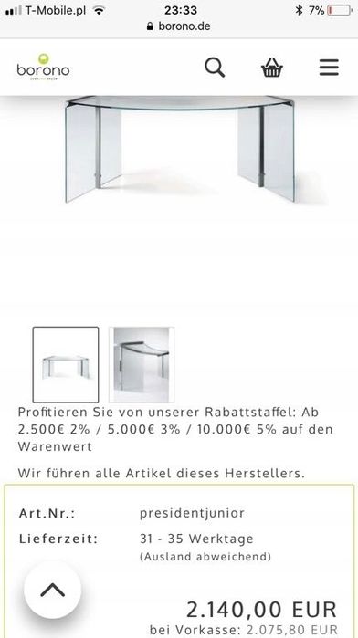 Gallotti Radice President Junior wlsokie srebrne biurko szklane duze