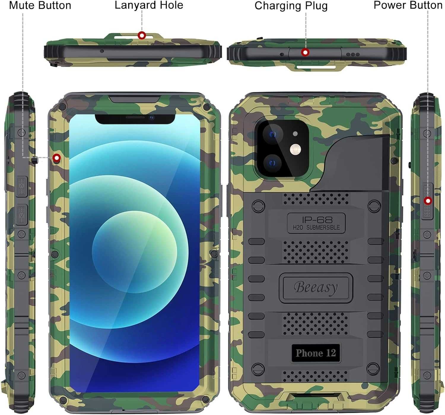 Beeasy iPhone 12 etui wodoodporne pancerne IP68 Metalowa kamuflaż