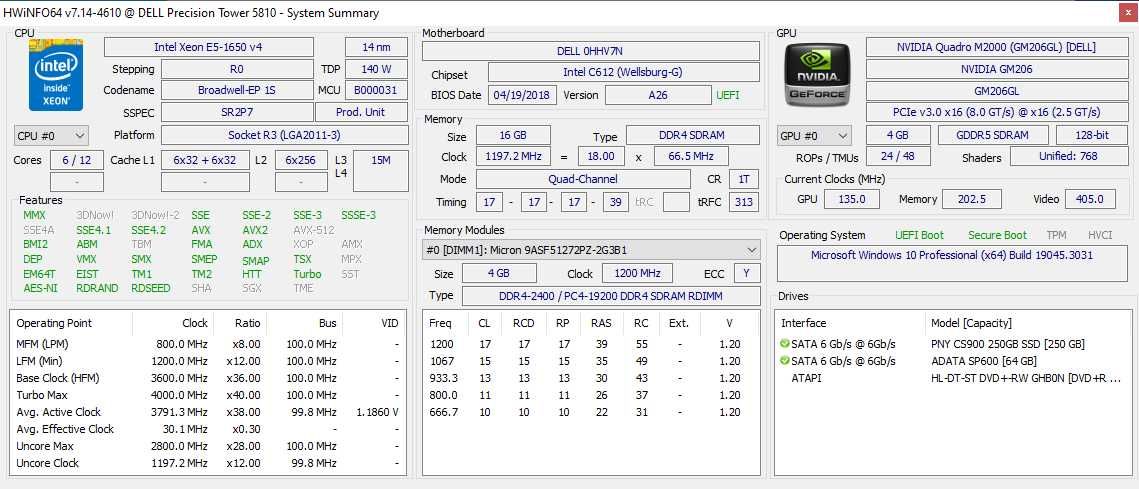 Dell Precision Tower 5810 (T5810) E5-1650 v4/16Gb/SSD-250gb/M2000