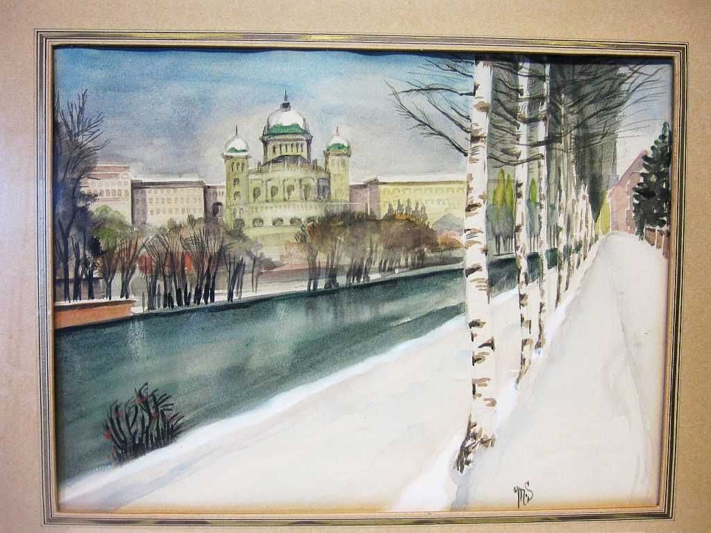 antiga aquarela - Paisagem de inverno - assinada