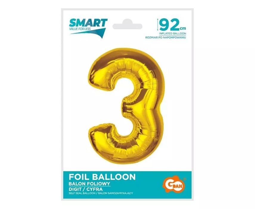Balon foliowy Smart cyfra 3 złota 92cm. Godan