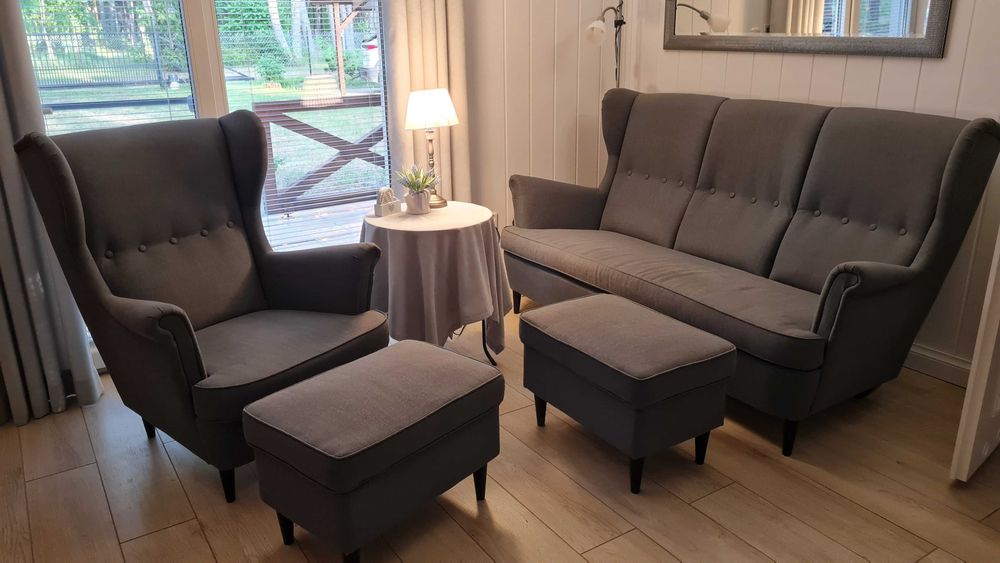 Sofa,fotel+2 podnożki STRANDMON kolor szary- lekko używane