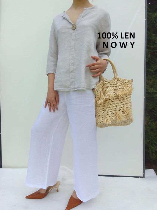 Lniany komplet szerokie spodnie koszula 100% len puro lino S M L uniwe