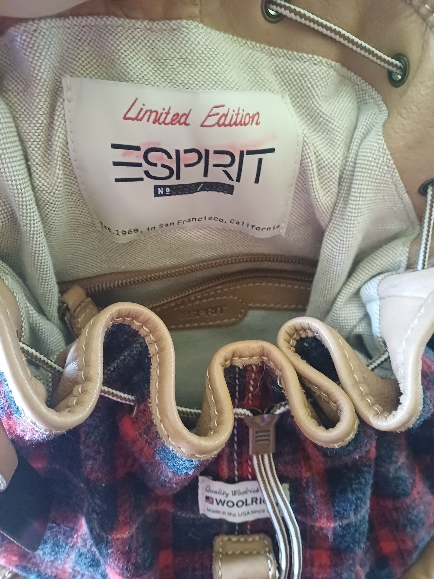 Plecak markowy Esprit wełniano-skórzany vintage