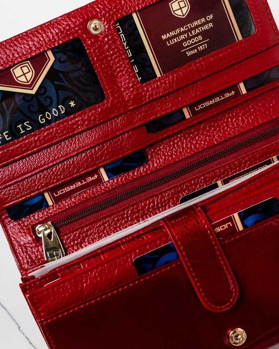 Portfel Damski PETERSON Klasyczny SKÓRZANY Elegancki LAKIEROWANY Red