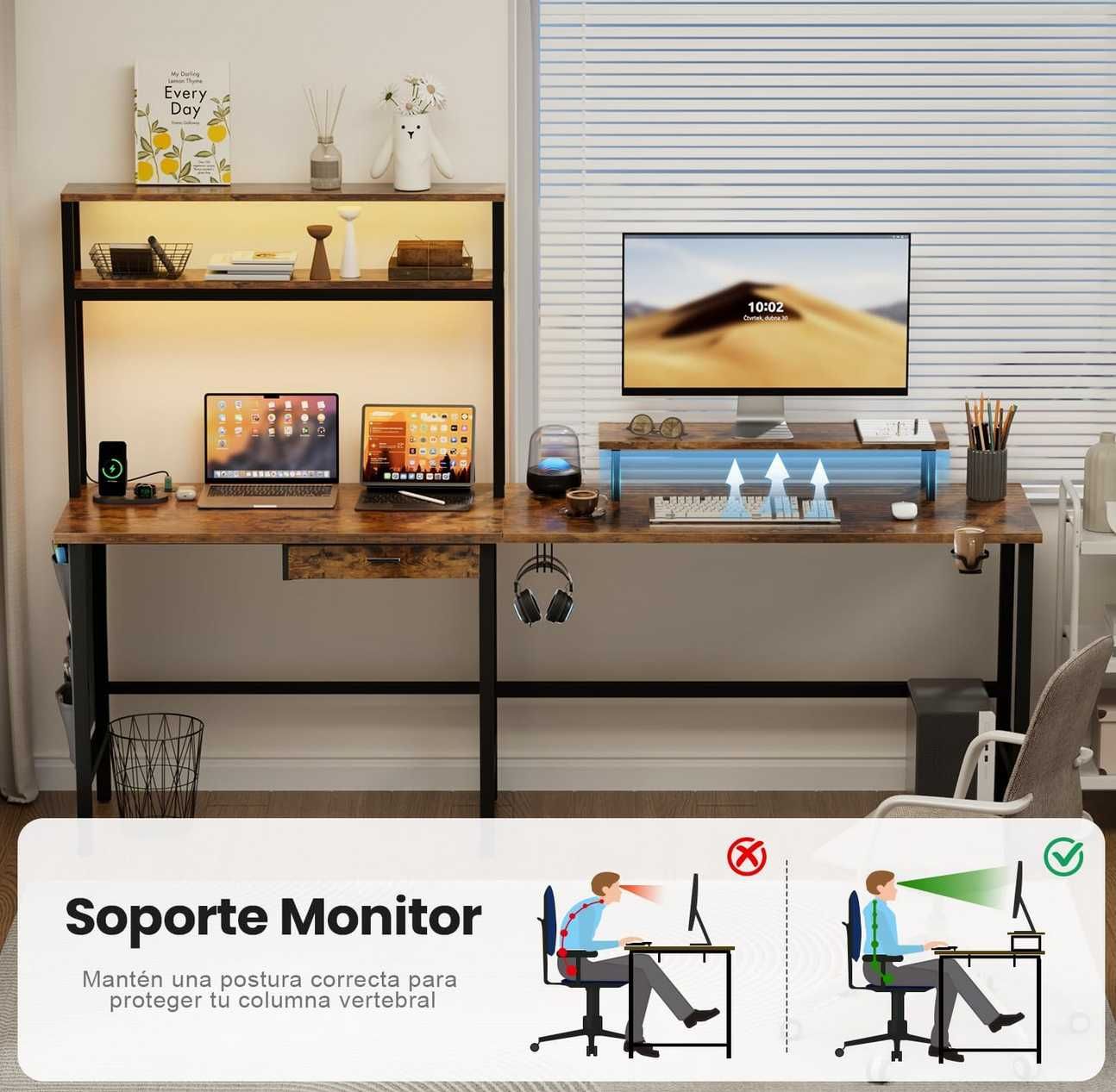 Secretária Gamer com Estante, Luzes RGB e Suporte Monitor