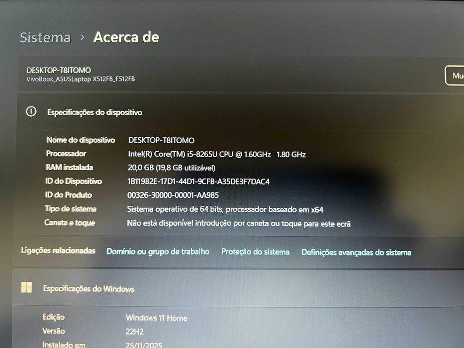 Portátil Asus F512F Core i5 8th, 20Gb Ram, disco SSD, Windows 11