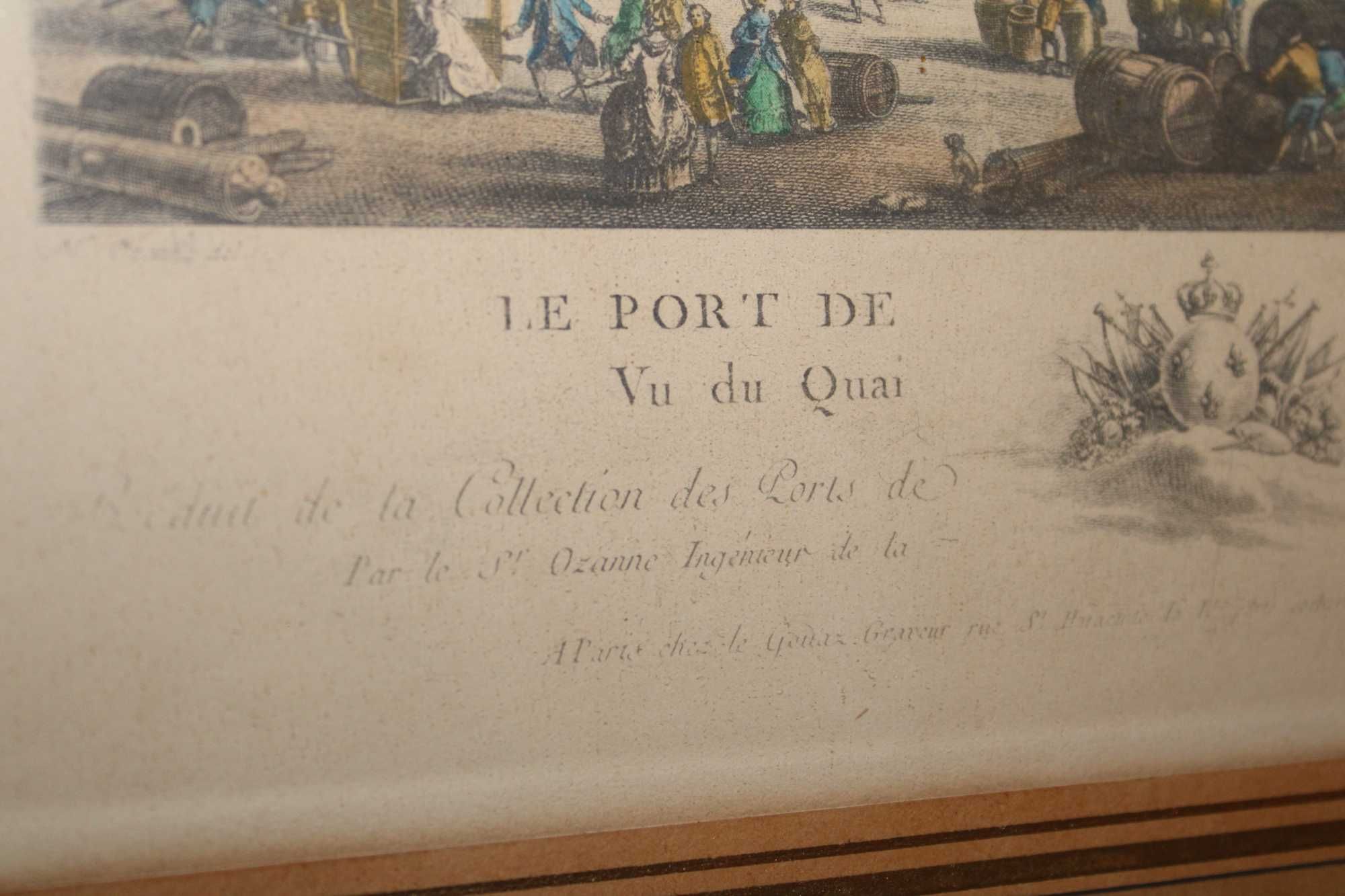 Gravura colorida Francesa, data 1776, moldura Império, vidro martelado