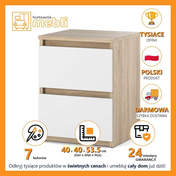Szafka Nocna Hugo Max 2 Szuflady 40cm Stolik Nocny Nowoczesny Pojemny