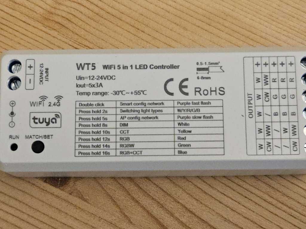 WT5 Sterownik instalacji 5w1 WiFi CCT RGB RGB 12-24V Alexa Tuya 2.4GHz