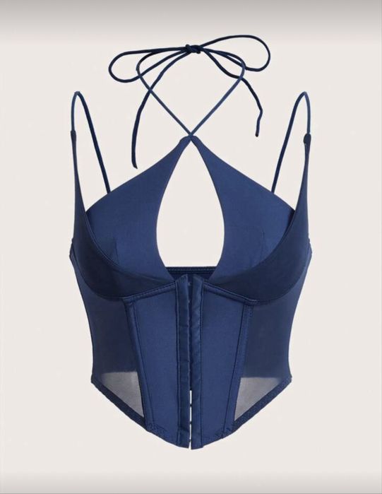 Granatowy crop top gorset wiązany na krzyz na szyji na haftki M mise B