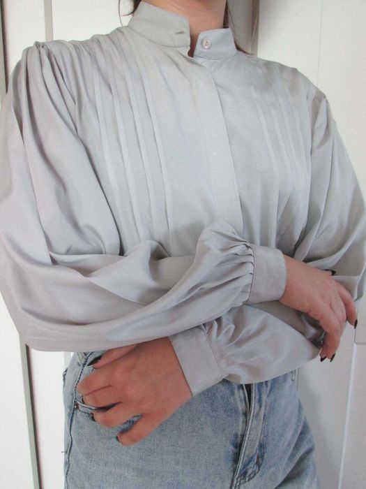Bluzka vintage szara szerokie rękawy plisy M L 38 40