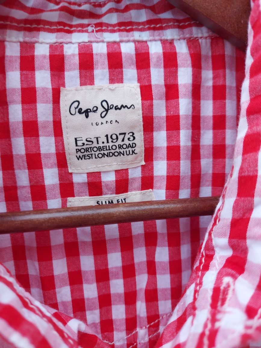 Koszula męska slim fit w kratę czerwona biała L Pepe Jeans