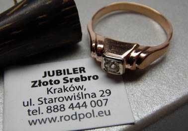 Złoty pierścionek z diamentem stary szlif 0,13 ct. Węgry.