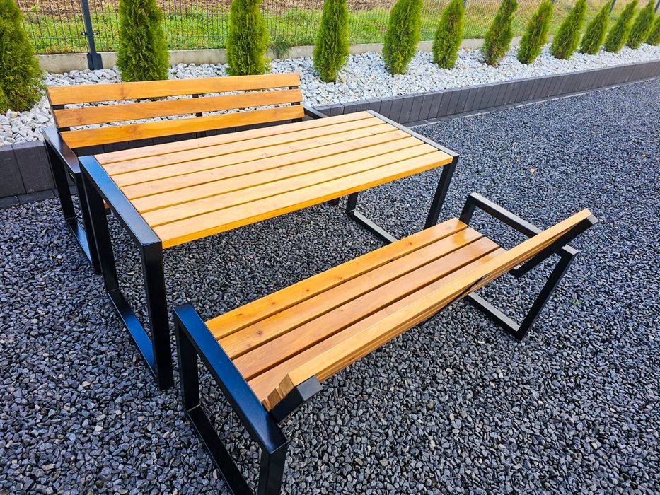 Zestaw mebli ogrodowych - styl loft; stół plus 2x ławki