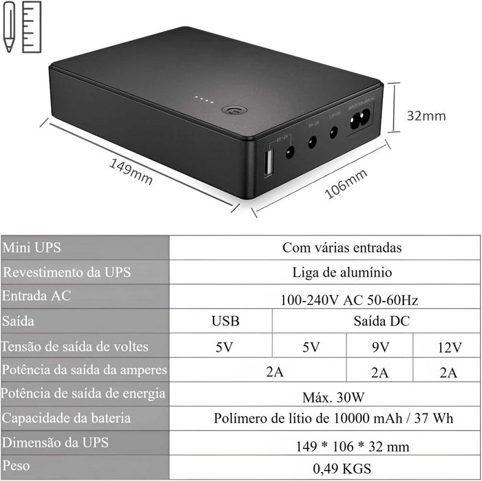 Mini UPS 37Wh ‼️ para Router WiFi ‼️ Câmaras ‼️ AC DC 5V 9V 12V