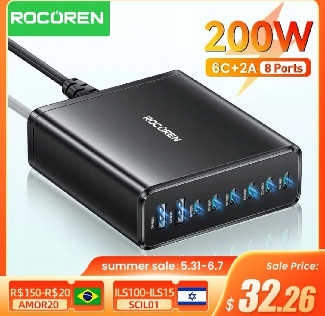 Rocoren 200W 8 w 1 wieloportowa szybka ładowarka USB typu C PD do komp