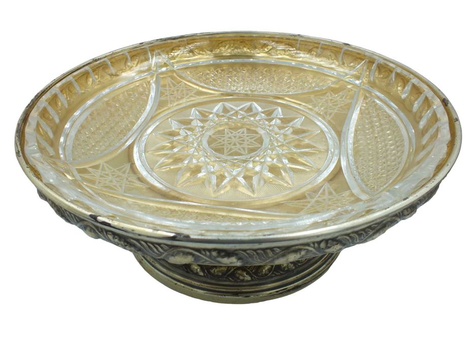 Patera metalowa ze szklanym wkładem w stylu secesja B093020