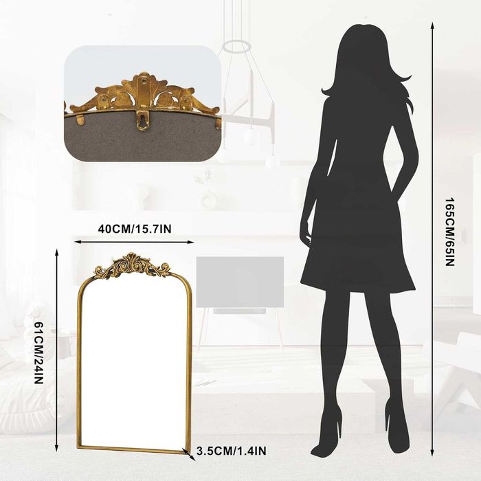 Złote barokowe lustro ścienne 40×61 cm z łukiem, dekoracyjne