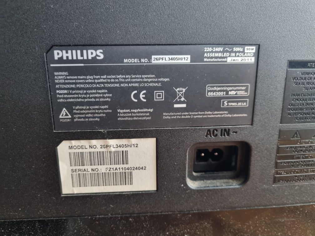 Telewizor Philips 26PFL3405H/12 uszkodzony