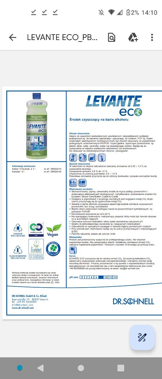 Levante Eco DR.SHNELL koncentrat 1L Niemiecka Chemia do powierzchni