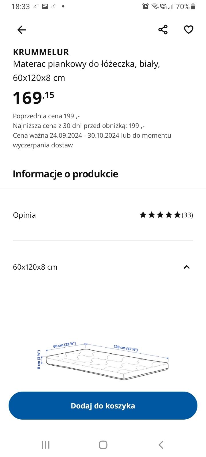 Materac łóżeczko dla dzieci 120 x 60 Ikea