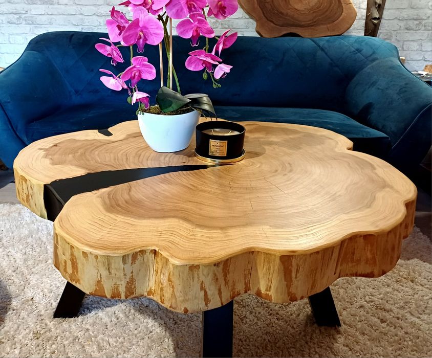 Stolik kawowy 97x81cm PIĘKNY OKAZ LIVE EDGE plaster drewna